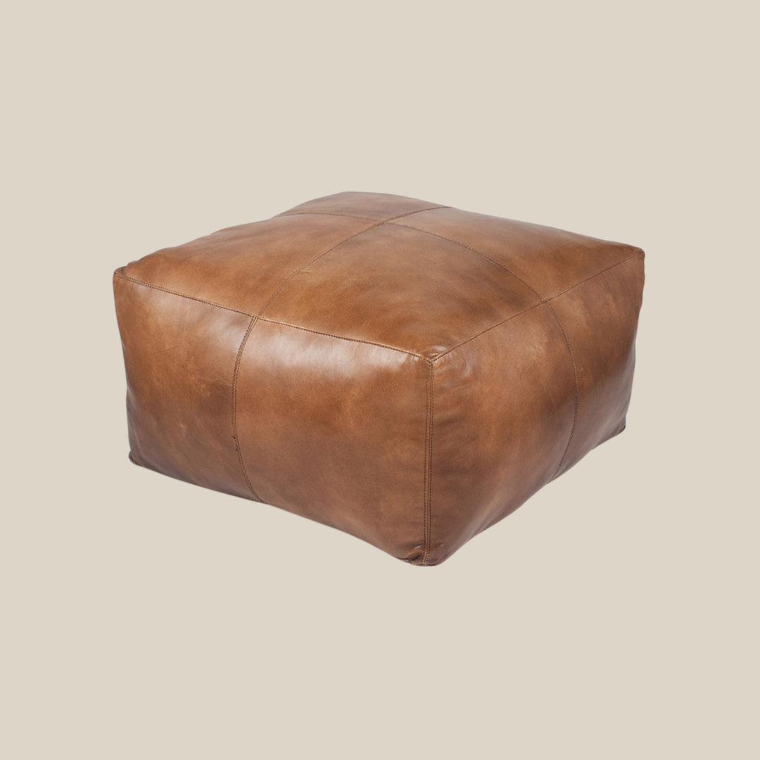 Square Tan Brown Leather Pouffe