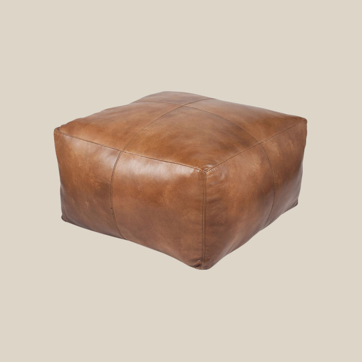 Square Tan Brown Leather Pouffe