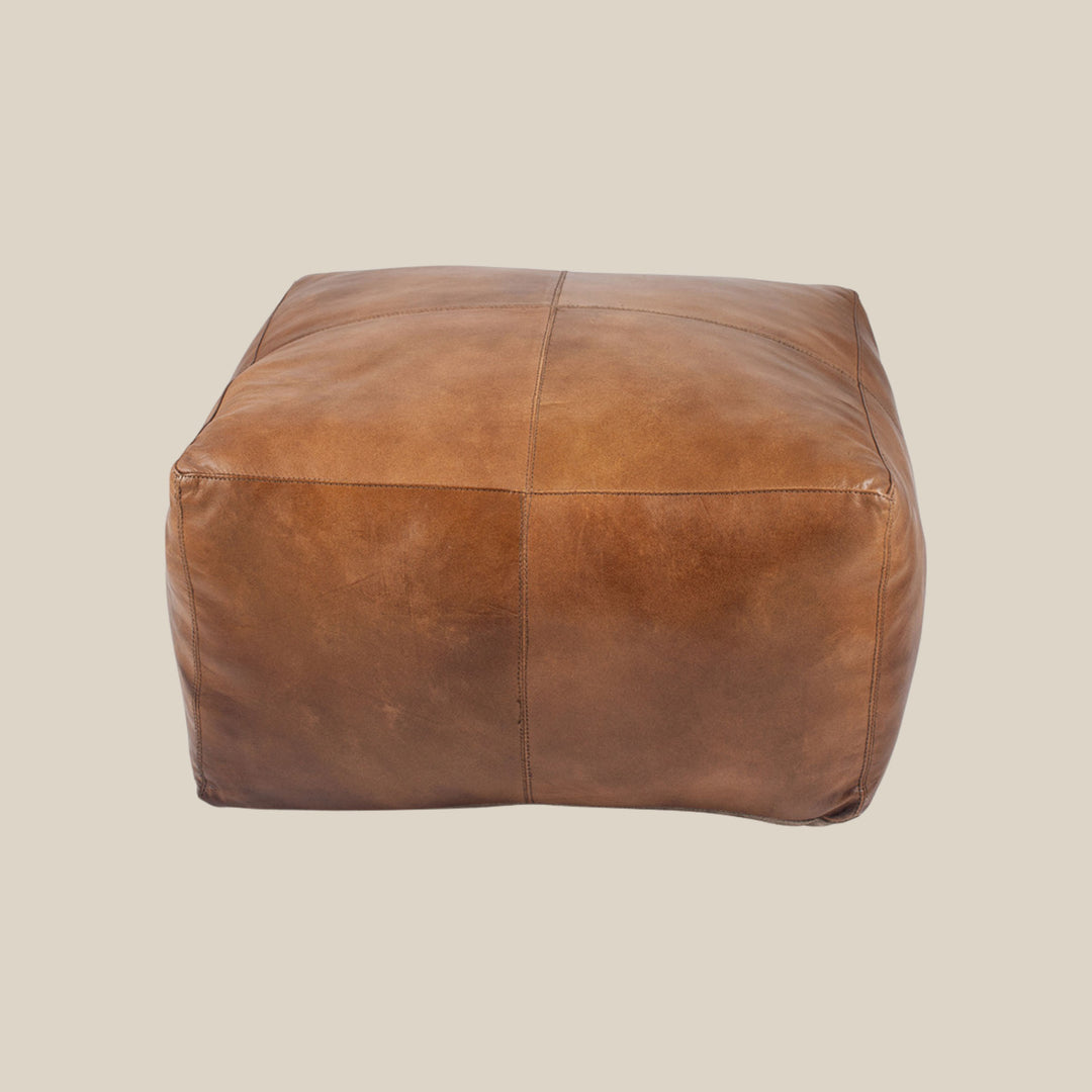 Square Tan Brown Leather Pouffe