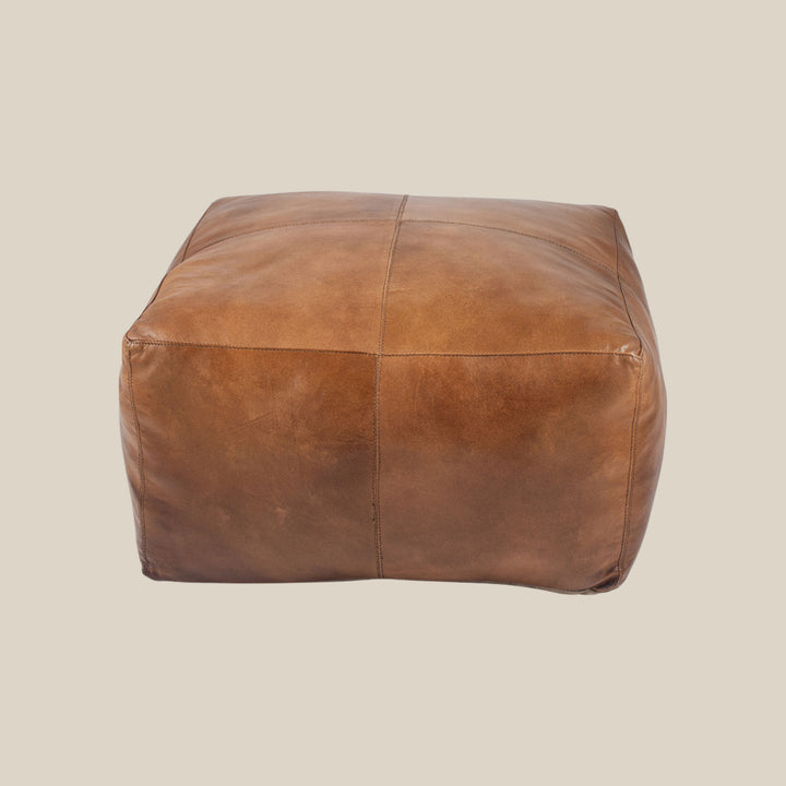 Square Tan Brown Leather Pouffe