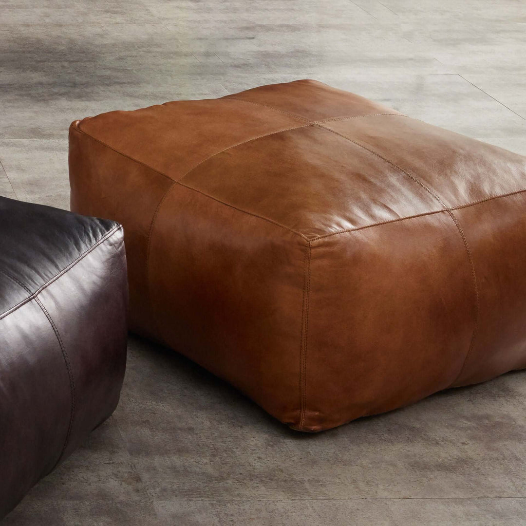 Square Tan Brown Leather Pouffe