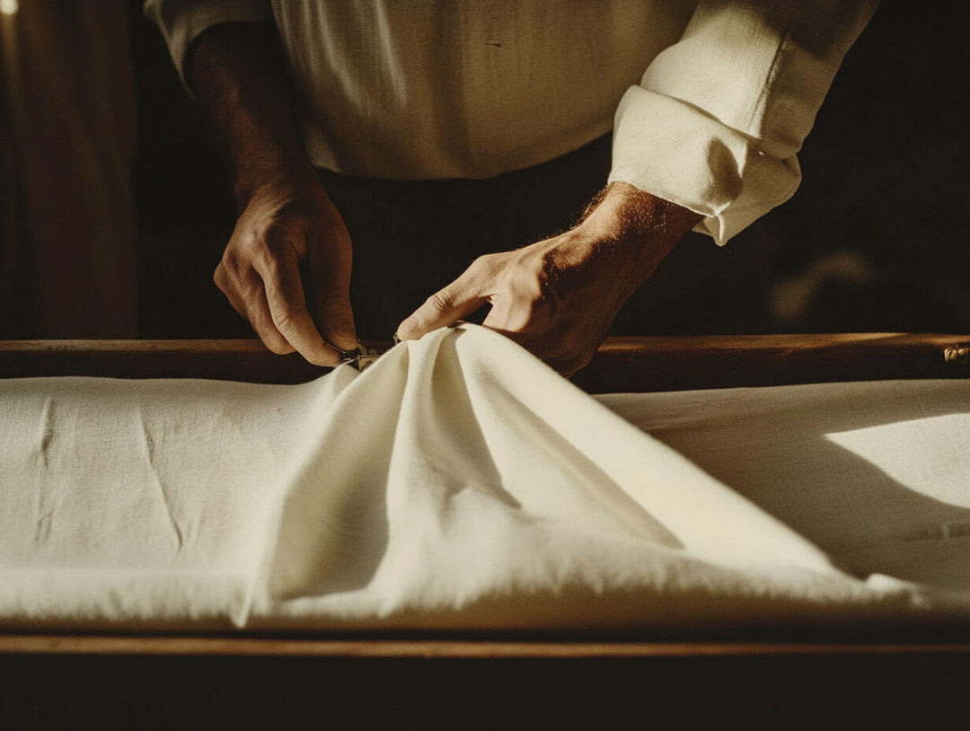 Luxury Egyptian cotton bed sheets being finished, showcasing their soft texture and elegant drape. High thread count sheets for ultimate comfort and breathability.