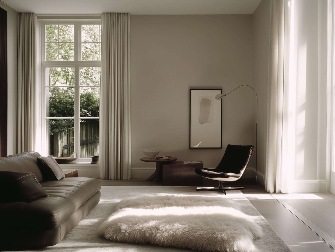 Soft, fluffy white sheepskin rug layered on a floor rug, showcasing its luxurious texture and natural wool fibres.