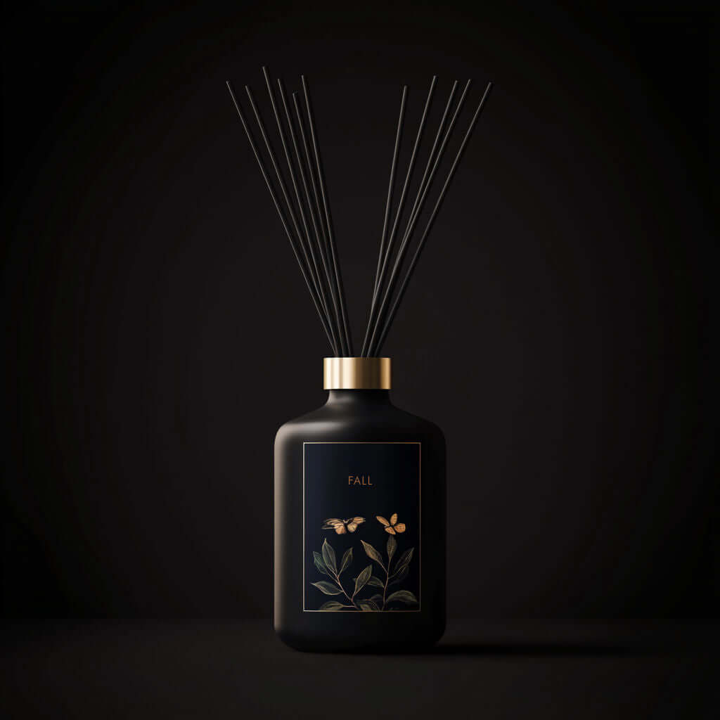 Elegant reed diffuser in a glass bottle on a modern shelf, adding continuous home fragrance without a flame.