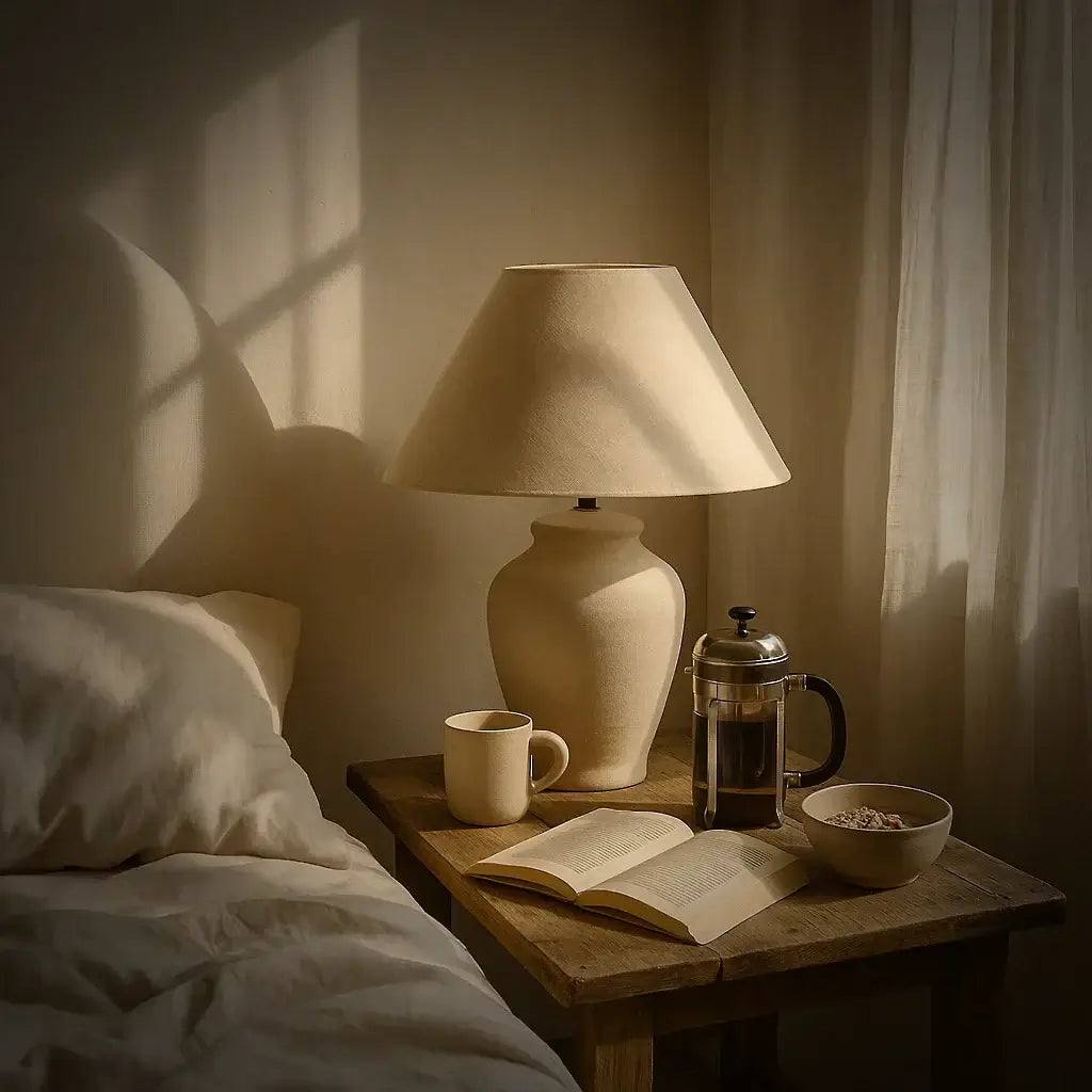 table lamp and coffee on a reclaimed wood bedside table - Escapology Home