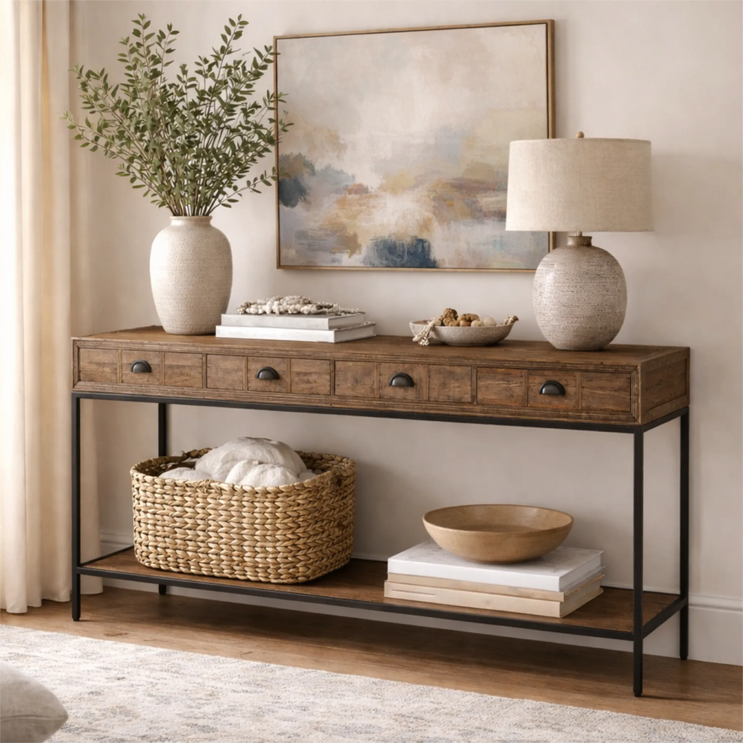 Entryway console table styling with artwork, lamp and tray
