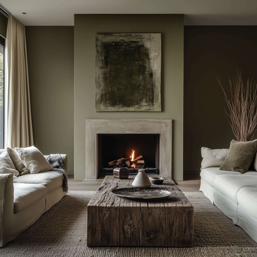 Living room with off-white sofas, a large reclaimed wood coffee table, and a fireplace with a textured stone surround.