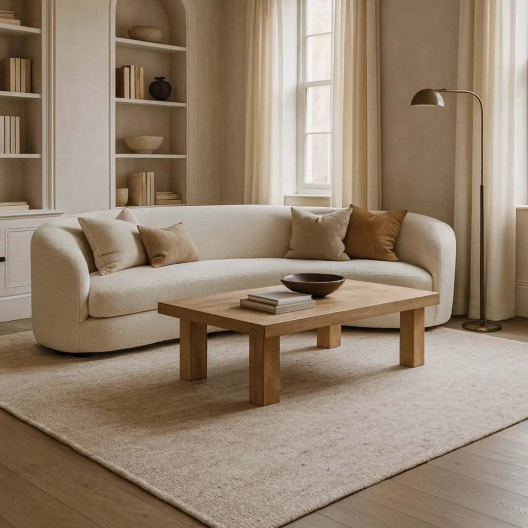 Rug in front of sofa under coffee table