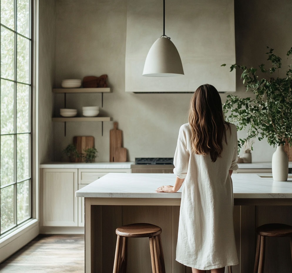 Modern kitchen island with wooden stools and soft natural lighting, featuring a minimalist aesthetic with neutral tones and organic textures. | Escapology Home