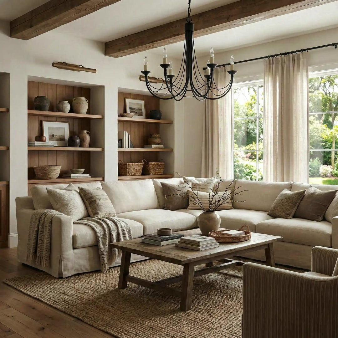 Cosy living room with a sectional sofa, wooden coffee table, and bookshelves.
