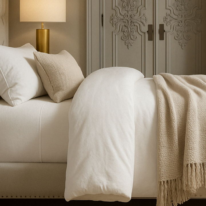 Neatly made bed with white Egyptian cotton bedding and beige blanket in a bedroom setting.