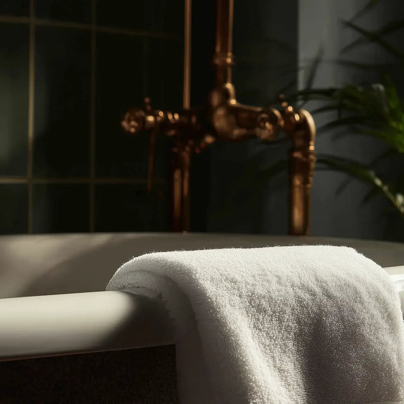 Bathroom setting with a towel draped over the edge of a bath tub and a copper tap.