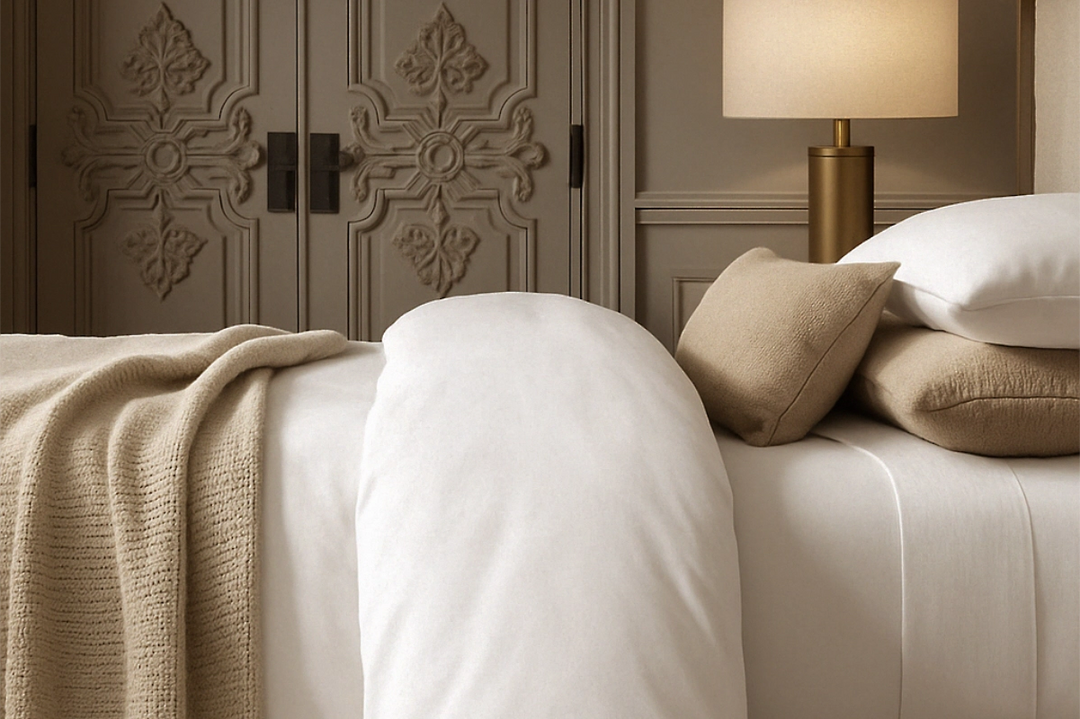 Neatly made bed with beige and white pillows and a blanket against a decorative wall.
