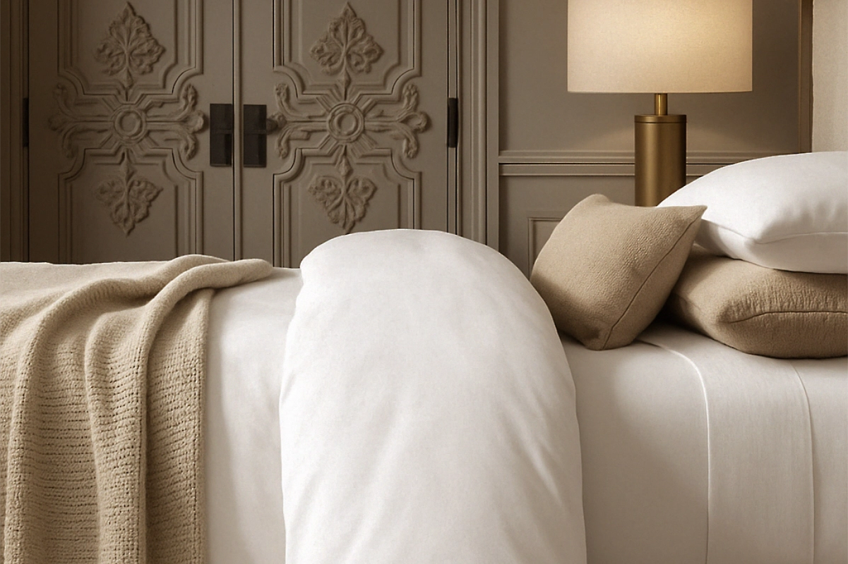 Bedroom furniture with Neatly made bed with beige and white pillows and a blanket against a decorative wall