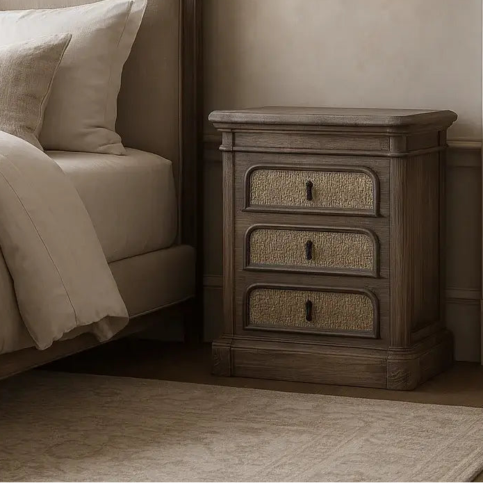 Bedroom with a bed and wooden bedside table featuring a wall lamp.