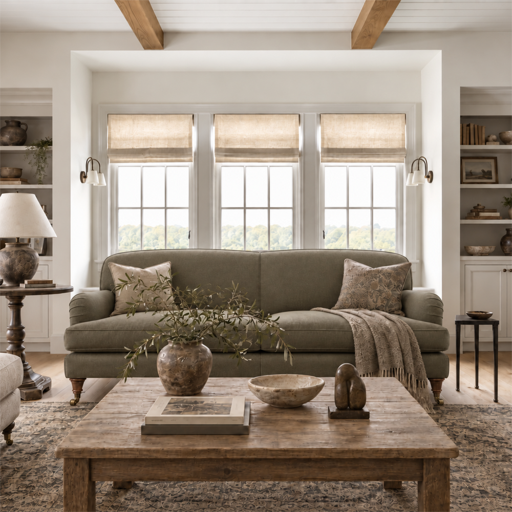 A styled living room featuring a sage green fabric howard sofa as the main product, styled with neutral throw pillows, a textured throw blanket, a rustic wooden coffee table, and a large window backdrop.