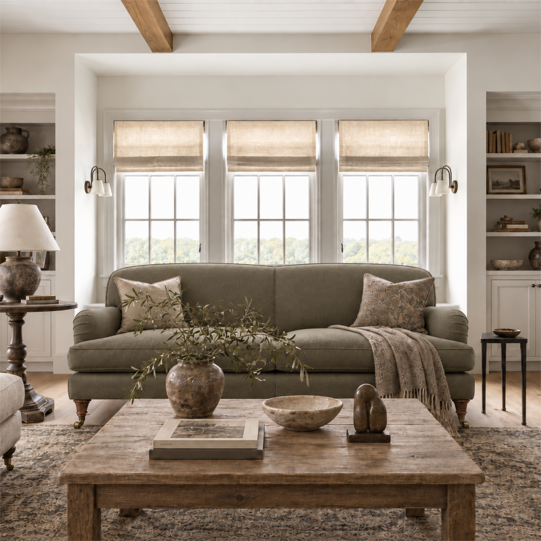 A styled living room featuring a sage green fabric howard sofa as the main product, styled with neutral throw pillows, a textured throw blanket, a rustic wooden coffee table, and a large window backdrop.