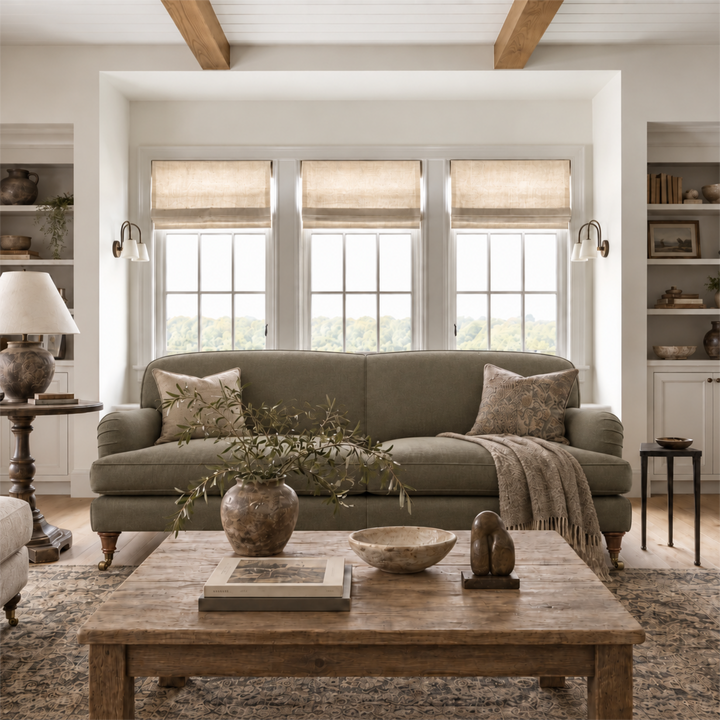 A styled living room featuring a sage green fabric howard sofa as the main product, styled with neutral throw pillows, a textured throw blanket, a rustic wooden coffee table, and a large window backdrop.