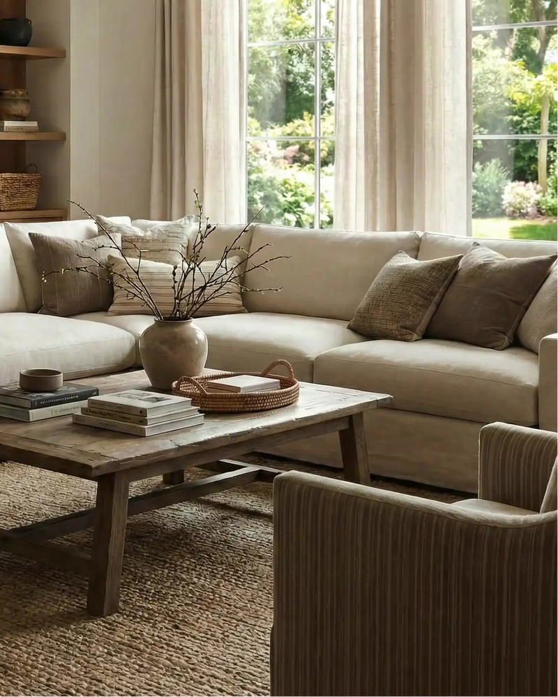 Cosy living room with cushions on a modular sofa, wooden coffee table, and bookshelves.
