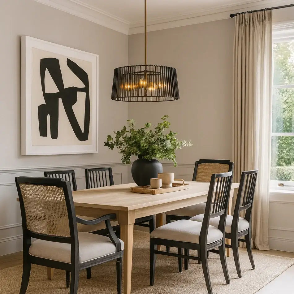 Dining room with wooden table and chairs, abstract art on the wall, and a window with curtains.