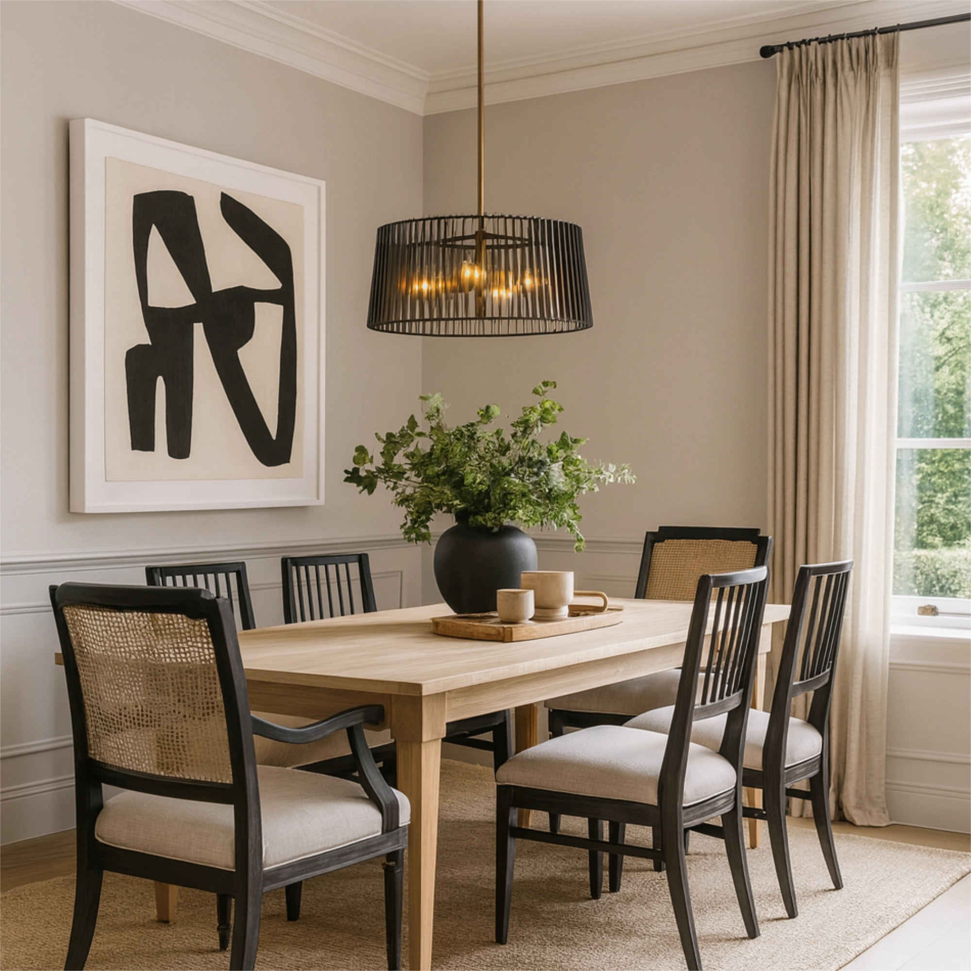 Dining room with black ceiling light pendant, wooden table and chairs, abstract art on the wall, and a large window - Escapology Home - Ceiling Lighting