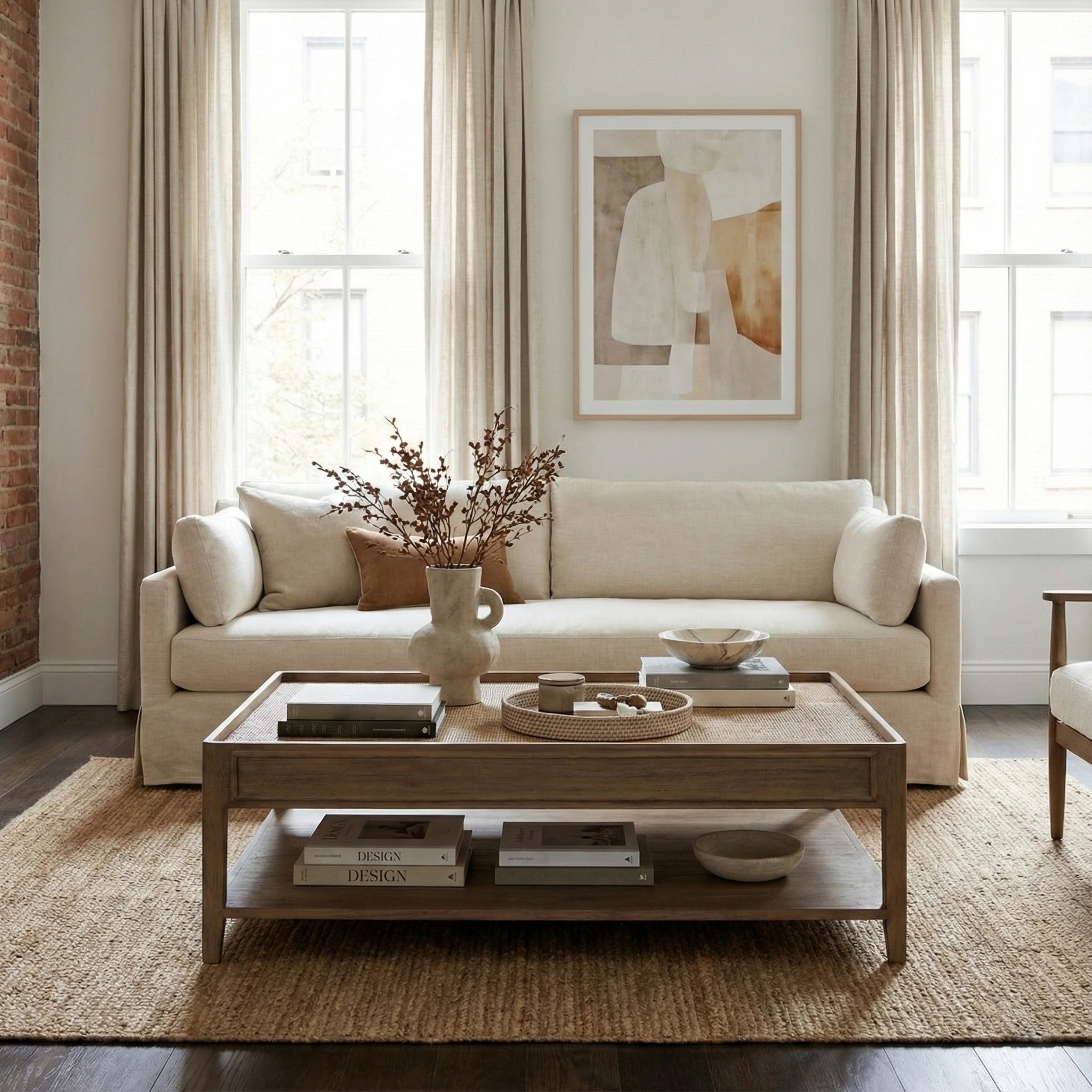 Living room furniture with beige sofa, wooden coffee table and abstract art in a Plymouth showroom.