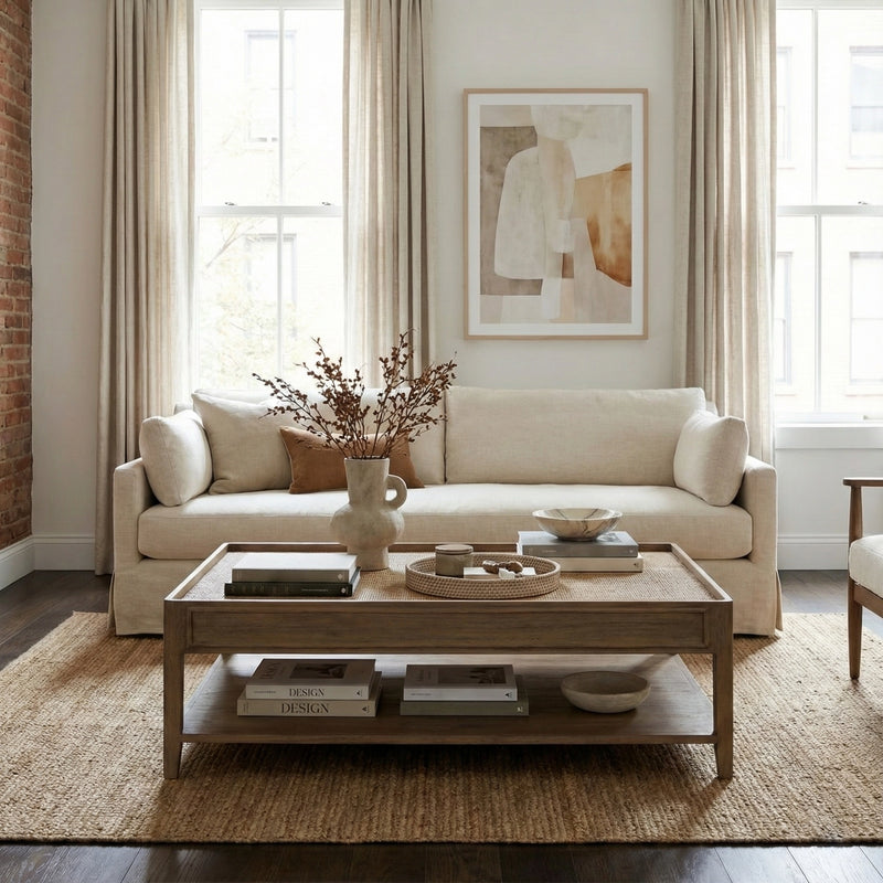 Living room furniture with beige sofa, wooden coffee table, and abstract art on the wall