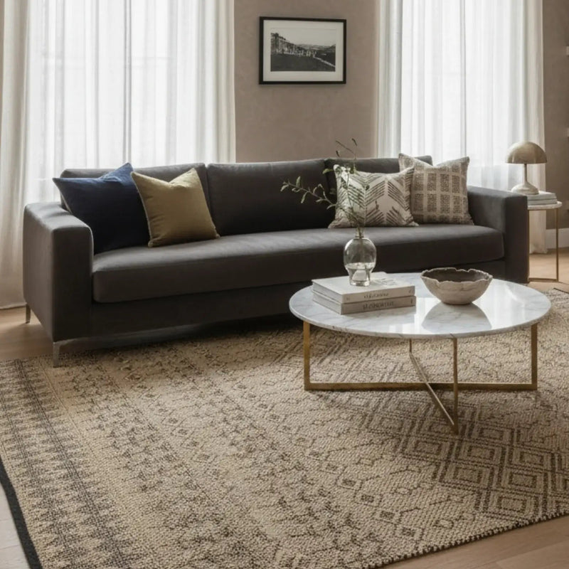 Modern living room with a grey sofa, round coffee table, and decorative pillows.