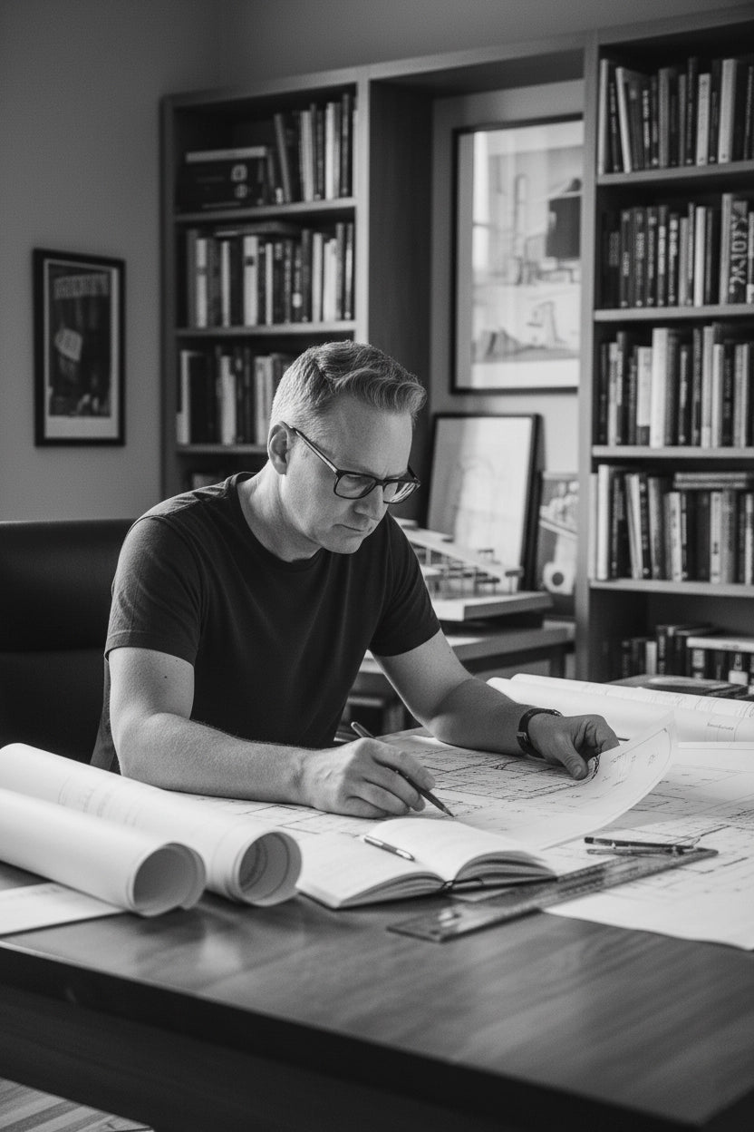 Matthew, Co-founder of Escapology working at a desk with books and papers in a private office setting