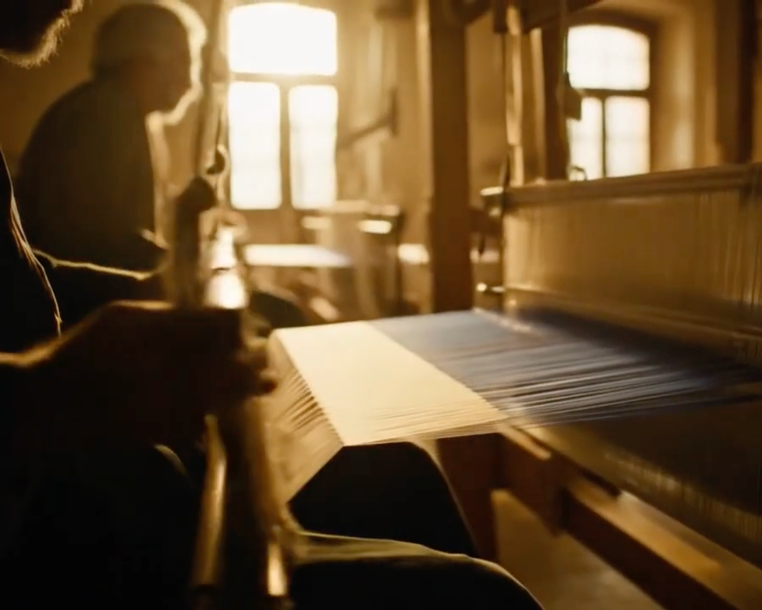 Person operating a traditional loom in a dimly lit Portuguese mill - Escapology Home