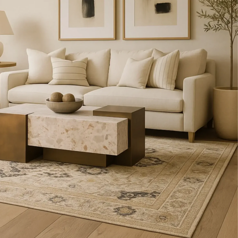 Neutral rug on floor with marble coffee table