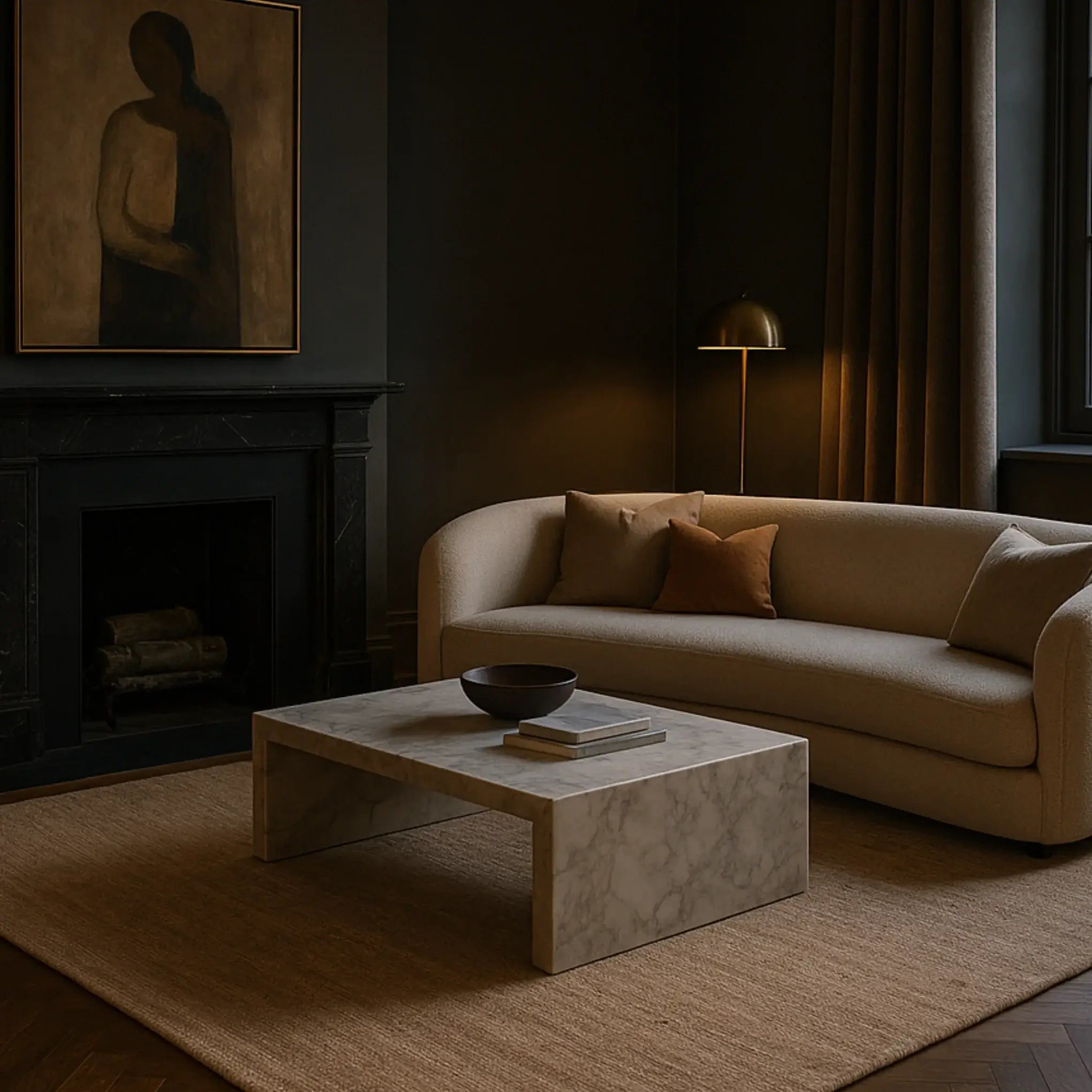 Rug in a cosy living room with a beige sofa, marble coffee table, and wall art
