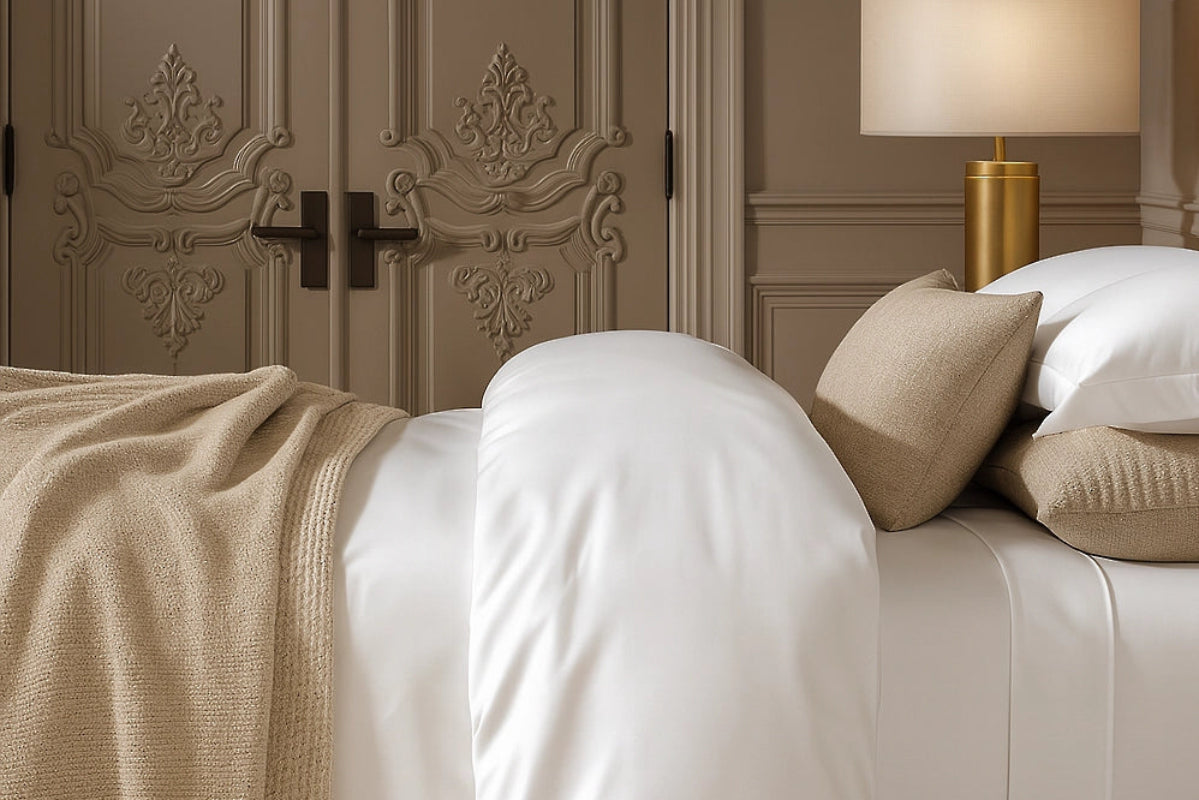 Neatly made bed with beige blanket, white egyptian cotton bedding and pillows against a decorative wall - Escapology Home