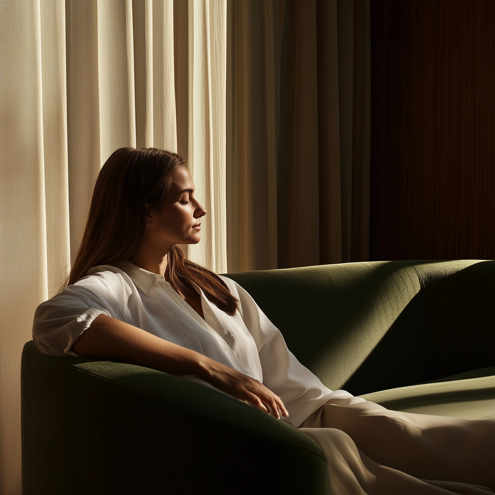 female sitting in an Escapology sofa enjoying the late evening sunlight