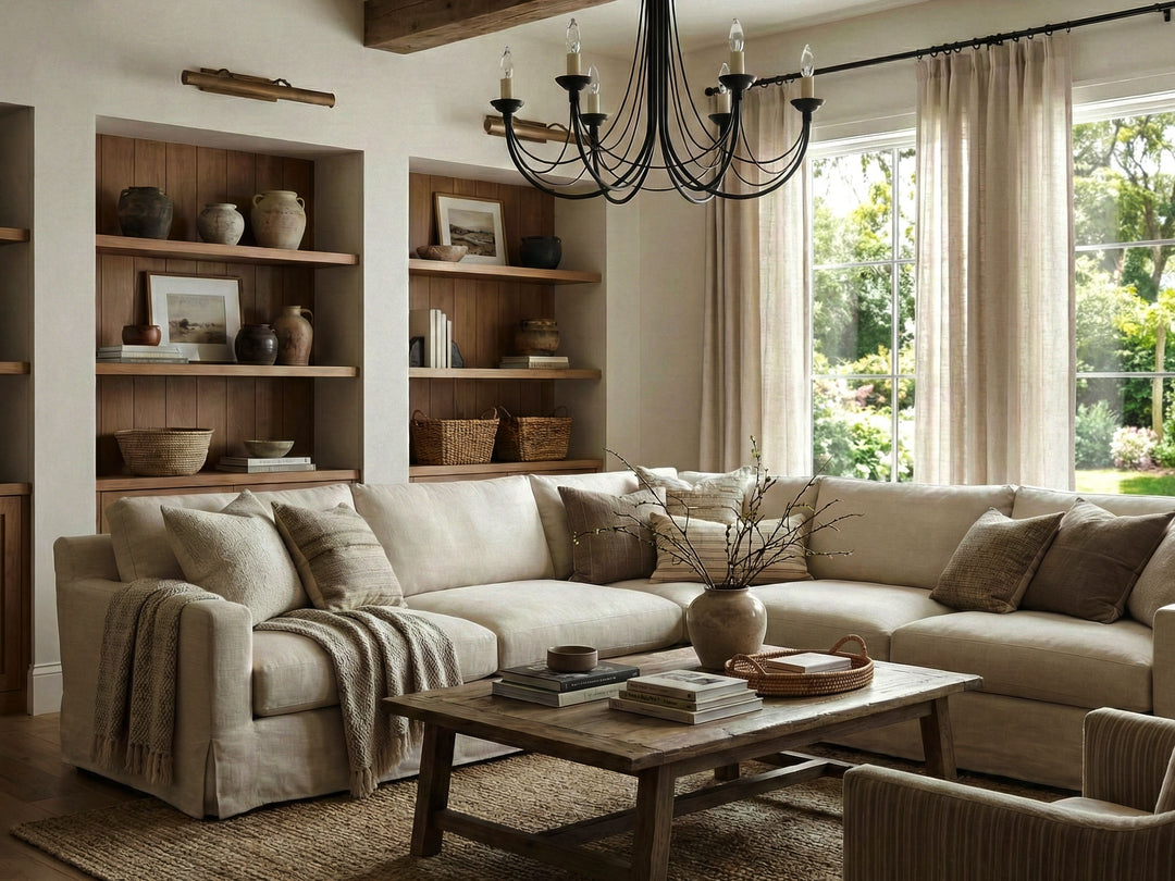 Neutral sectional sofa styled in a calm living room with coffee table and bookshelves.