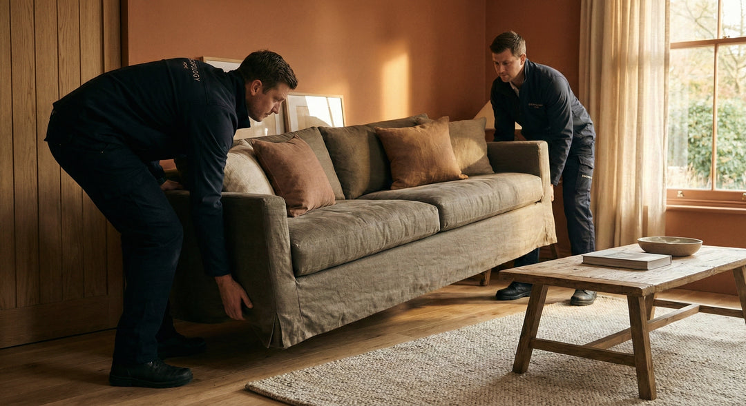 Escapology delivery professionals delivering a sofa into a living room.