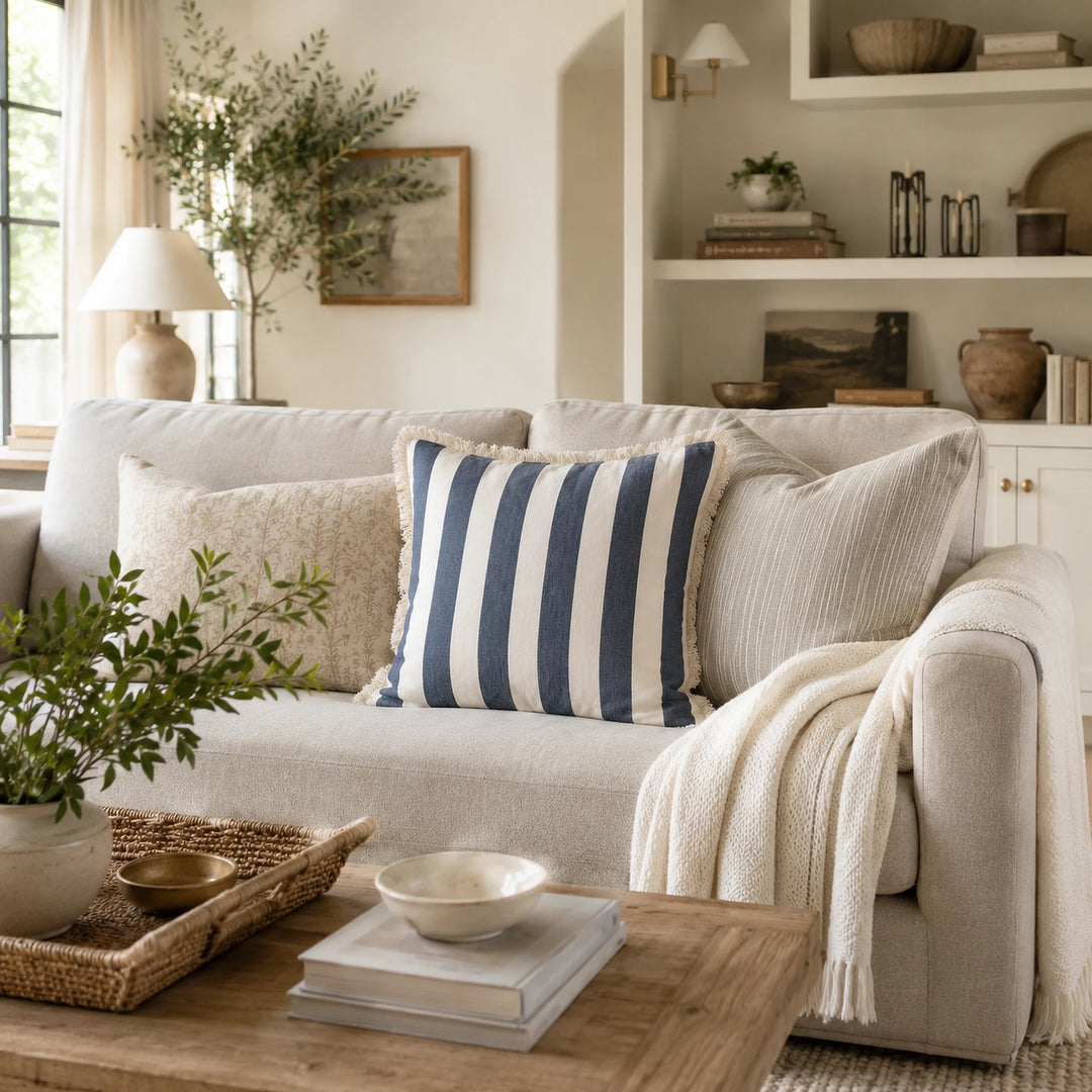 Sorrento Striped Large Scatter Cushion - Blue & Ecru