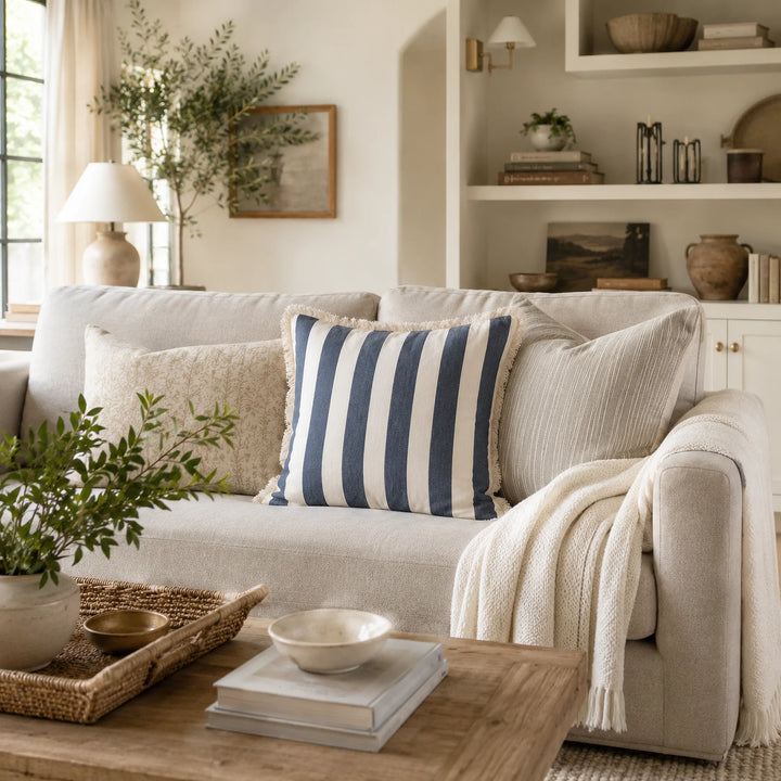 Sorrento Striped Large Scatter Cushion - Blue & Ecru