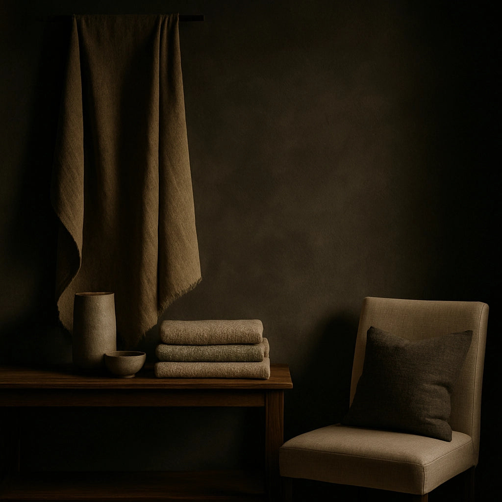 Brown towel draped over a wooden shelf with folded towels, a bowl, and a cushion on a chair against a dark wall - Escapology Plymouth