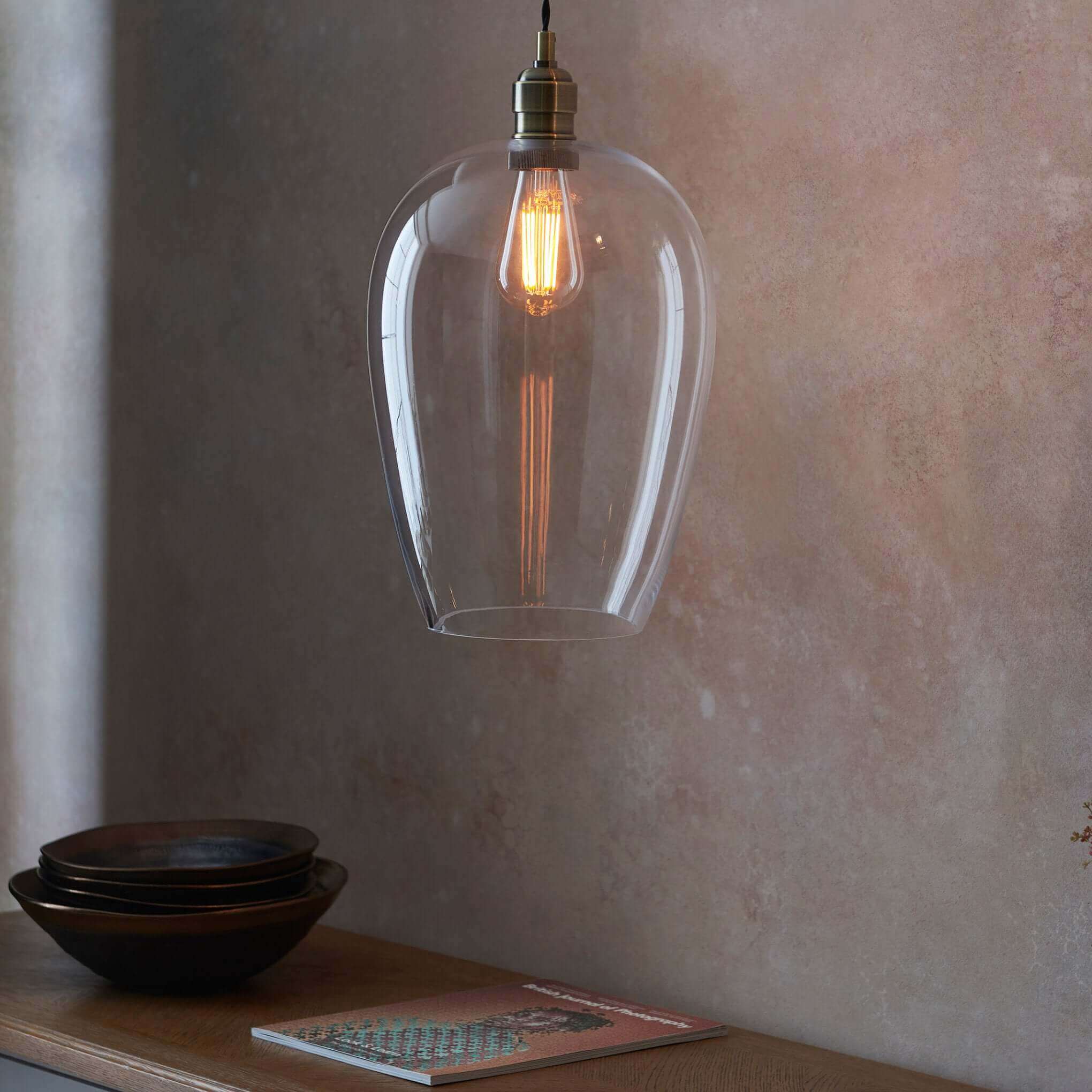 Claro Clear Glass Dome Pendant - Antique Brass - escapologyhome.co.uk