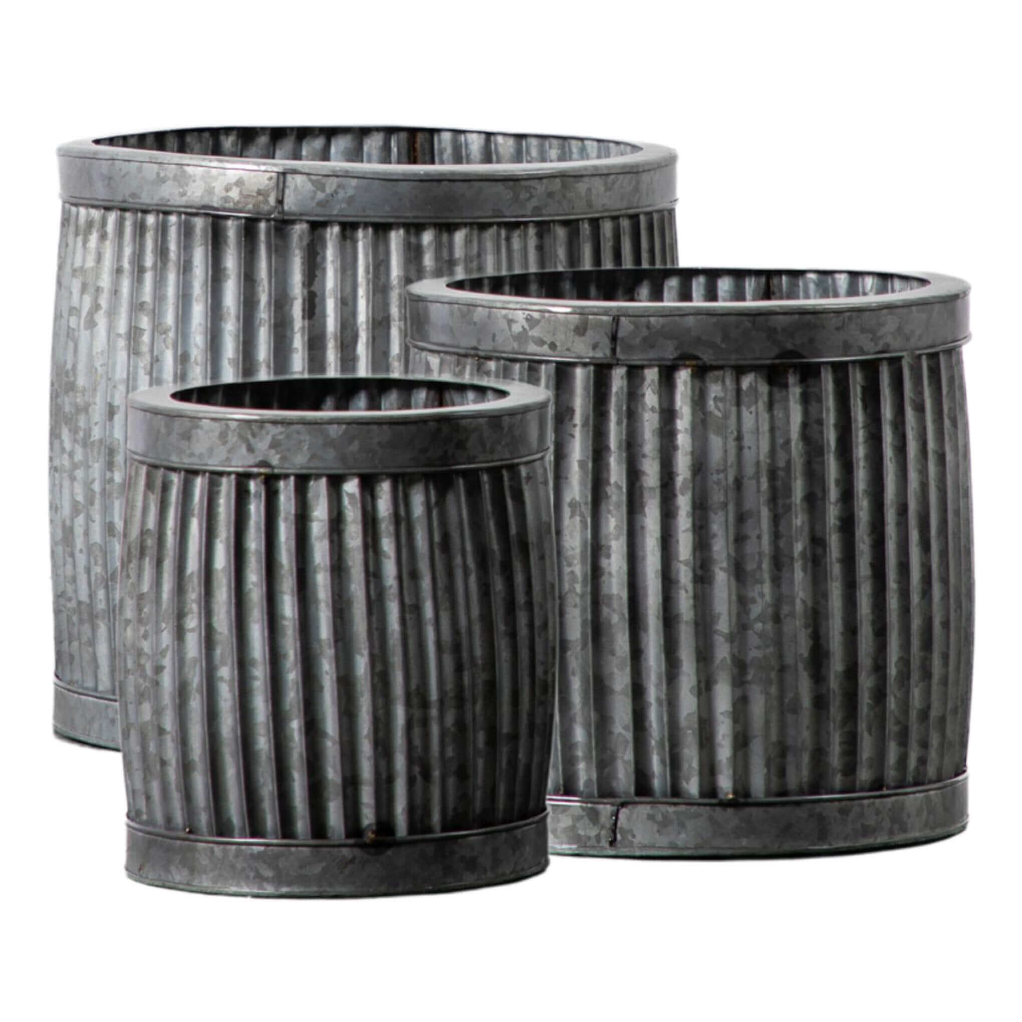Galvanised Round Planters - Set of 3 - escapologyhome.co.uk