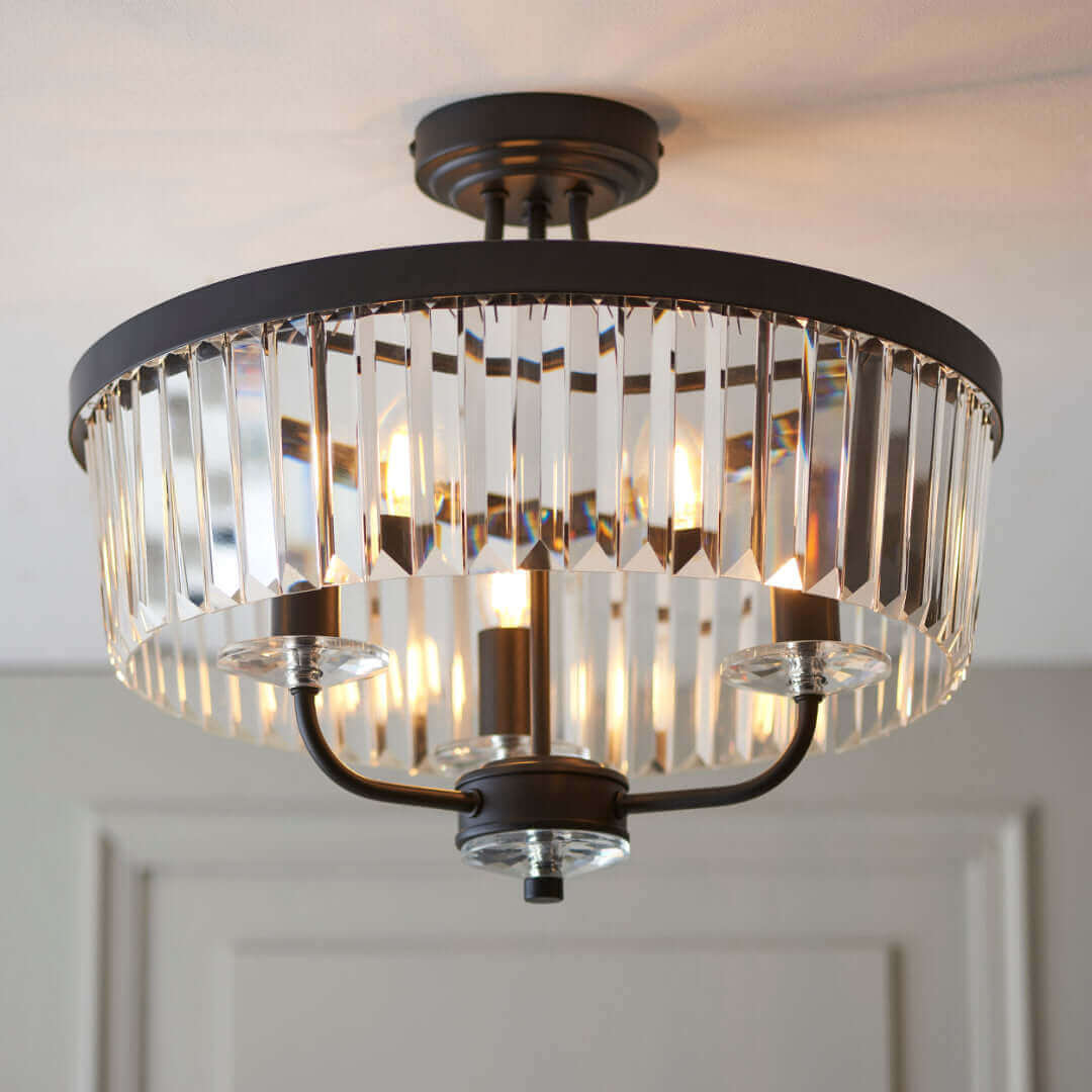 Iara Round Faceted Glass Semi-Flush Chandelier - Black - escapologyhome.co.uk