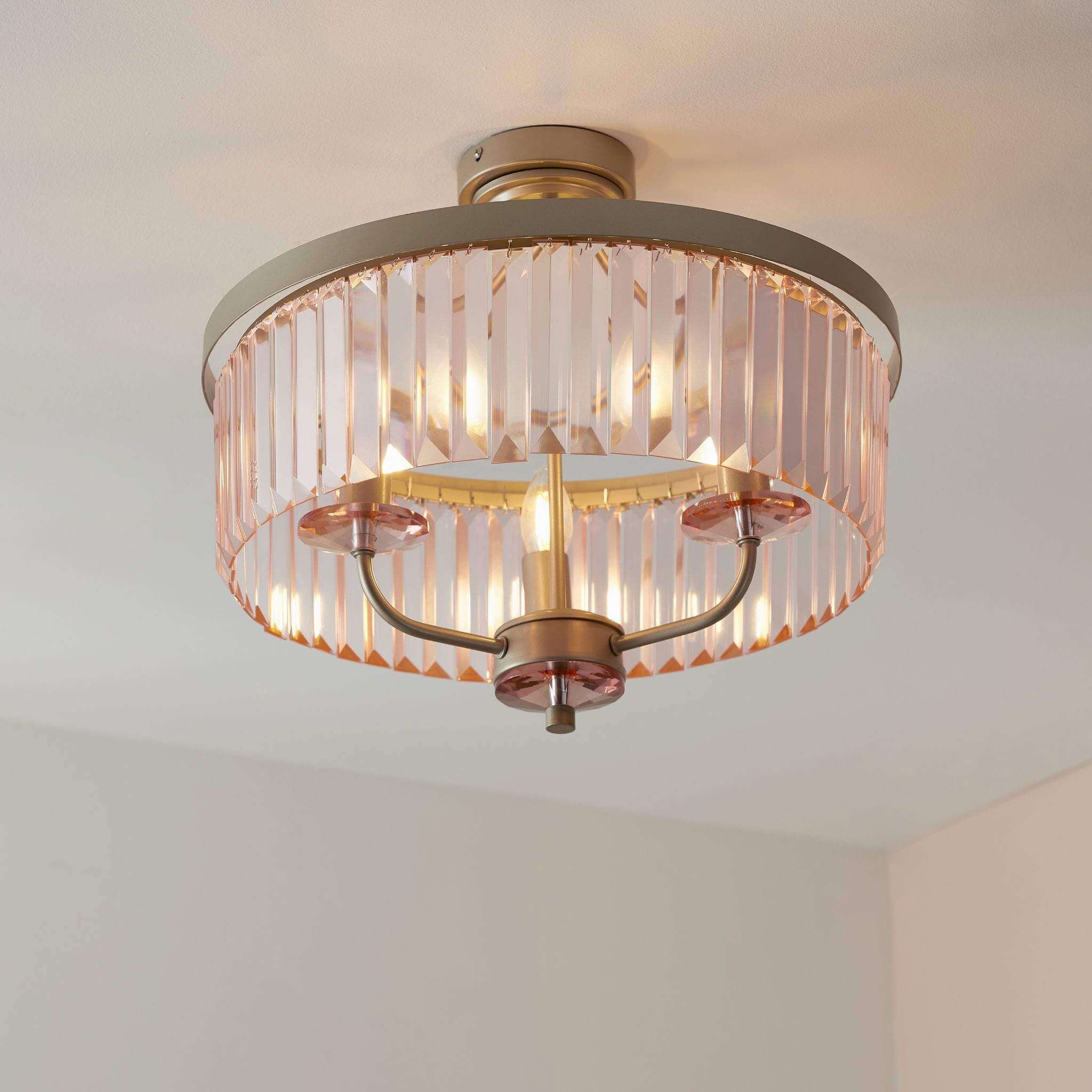 Iara Round Rose Pink Faceted Glass Semi-Flush Chandelier - escapologyhome.co.uk