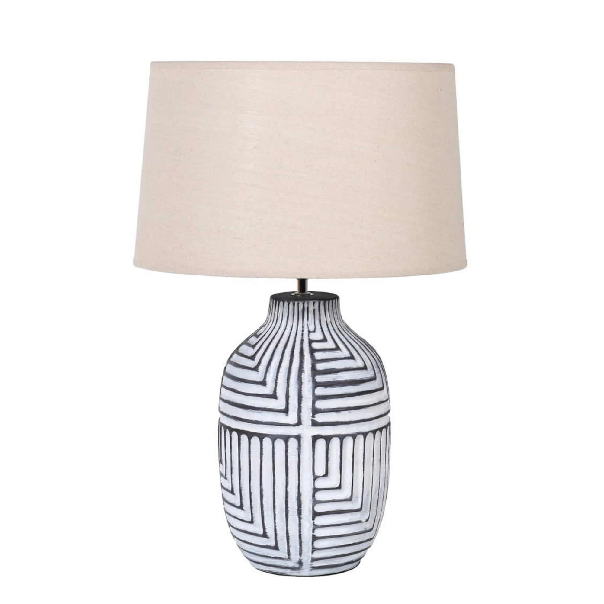 Carved Abstract Table Lamp With Linen Shade - escapologyhome.co.uk